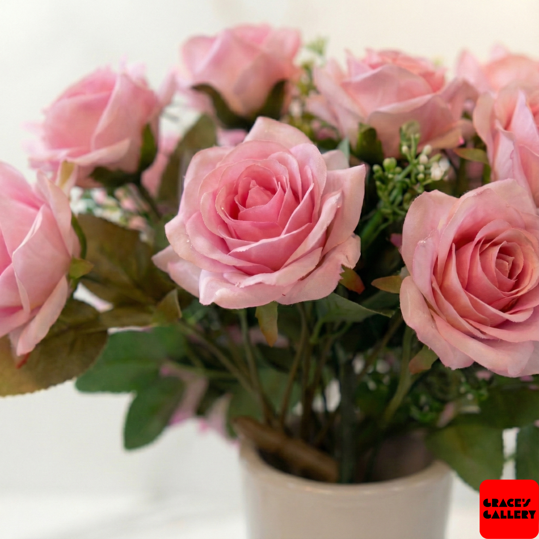 Faux Pink Rose Arrangement in Gloss White Vase