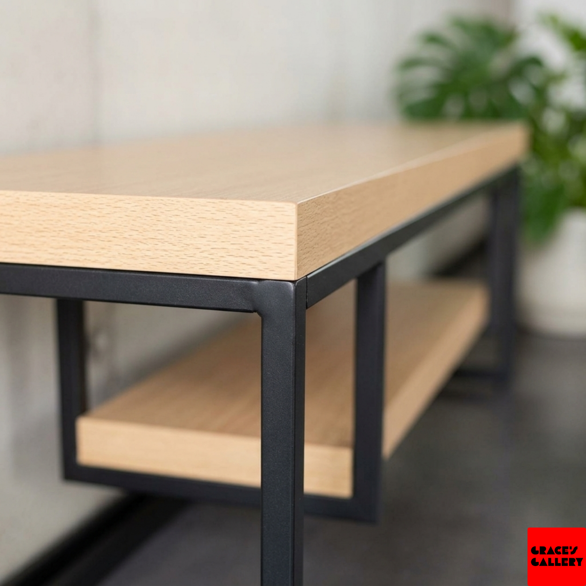 Detail of the pine top edge on the black steel frame