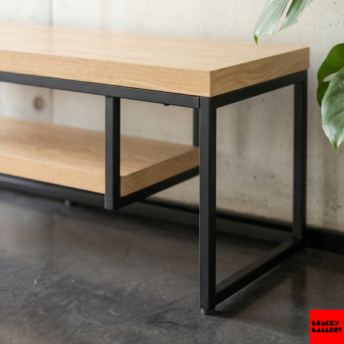 Close-up of the pine top and black square-tube steel frame