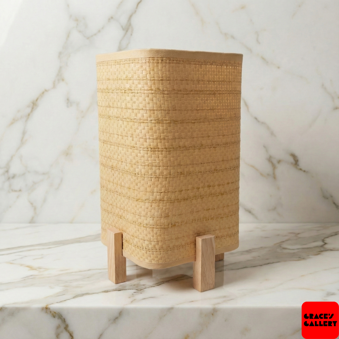 Natural Woven Rectangular Lamp on Wooden Legs