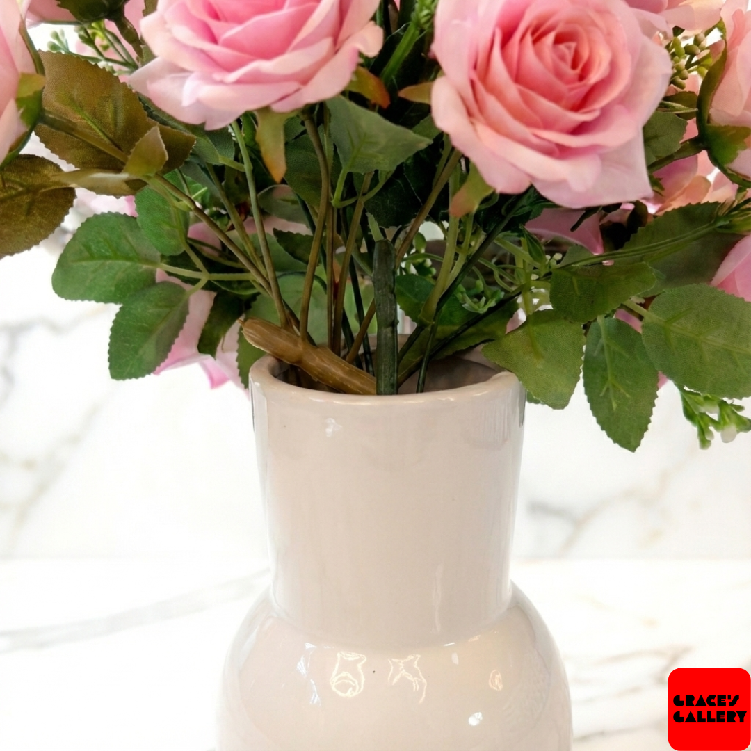 Faux Pink Rose Arrangement in Gloss White Vase