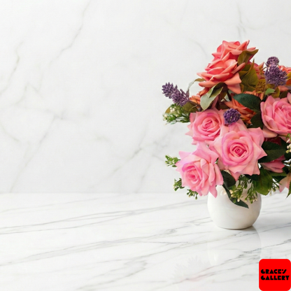 Faux Pink Rose Arrangement in Gloss White Vase
