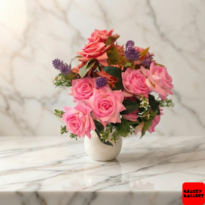 Faux Pink Rose Arrangement in Gloss White Vase