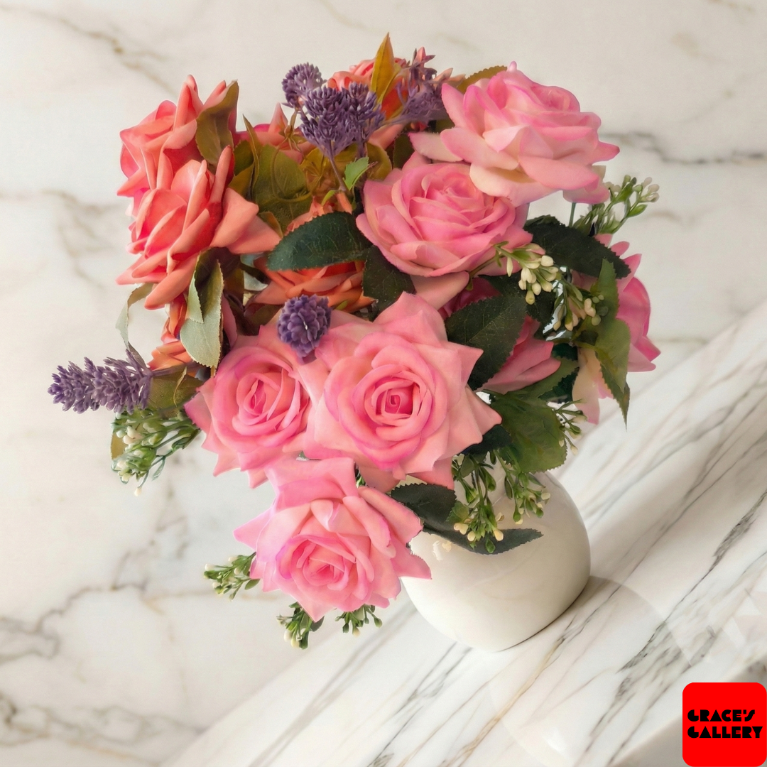Faux Pink Rose Arrangement in Gloss White Vase