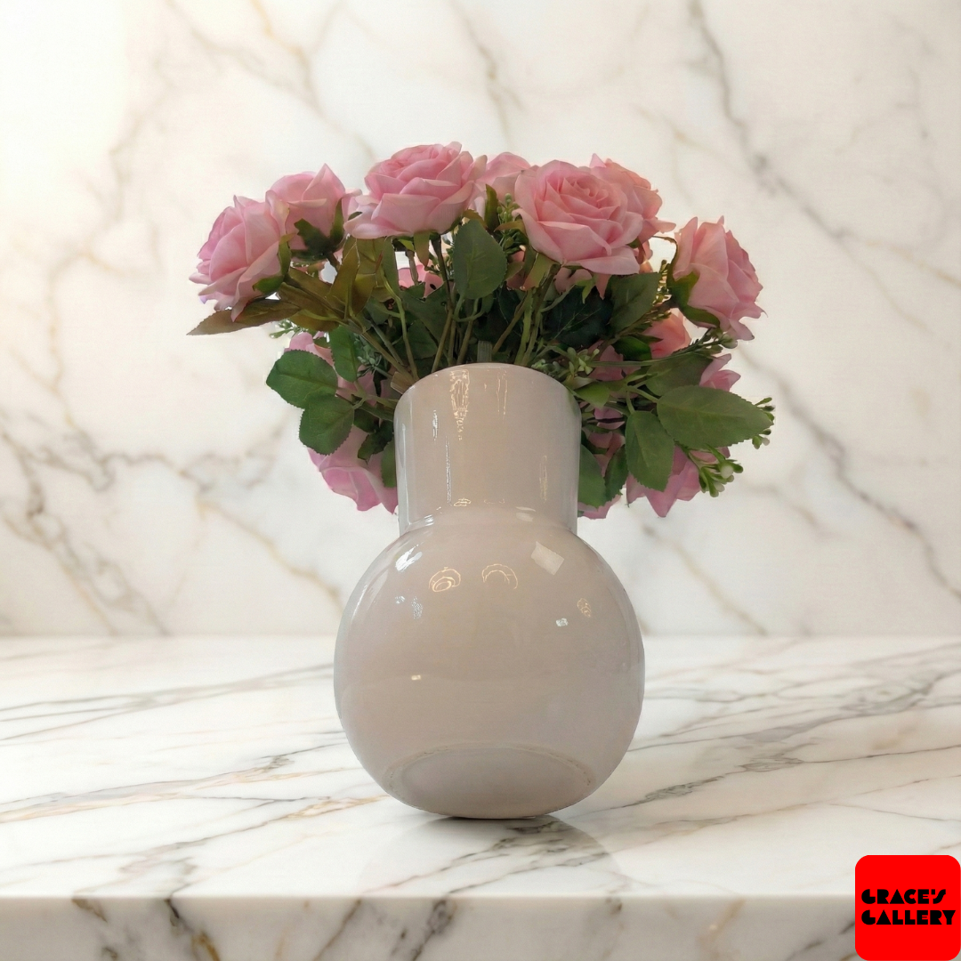 Faux Pink Rose Arrangement in Gloss White Vase