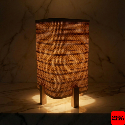 Natural Woven Rectangular Lamp on Wooden Legs