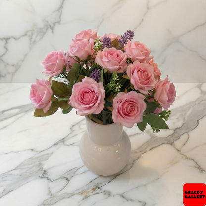 Faux Pink Rose Arrangement in Gloss White Vase