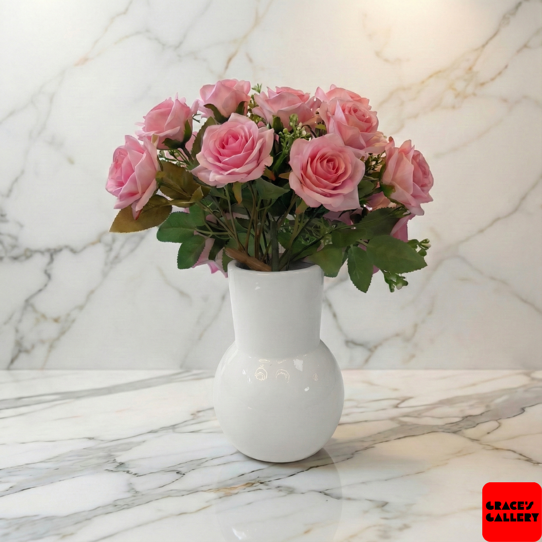 Faux Pink Rose Arrangement in Gloss White Vase