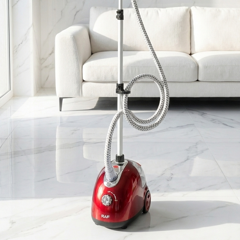 Red vacuum cleaner with a long hose on a marble floor in a room with a white couch.