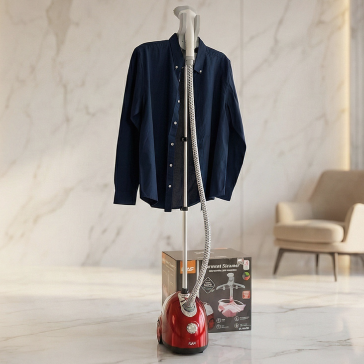 Red garment steamer with a shirt on a marble surface, surrounded by close-up shots of the steamer.