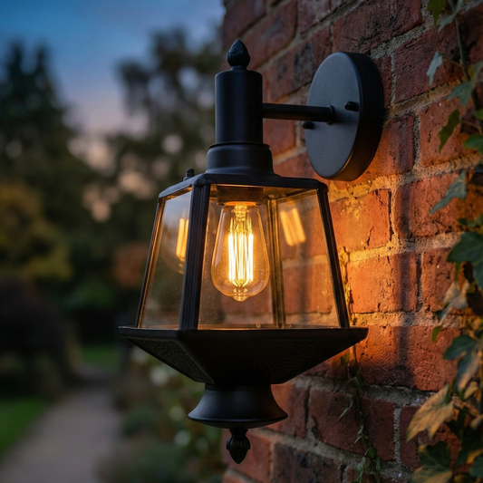 Outdoor wall light fixture on a brick wall with a warm glow