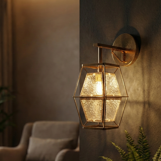 Decorative wall light fixture in a cozy living room setting with a chair and plant.